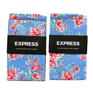2-Pack, Express Pre-Folded Pocket Squares Blue Floral 100% Cotton